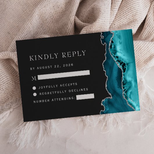 Aquamarin Blue Silver Agate Dark Wedding RSVP Karte