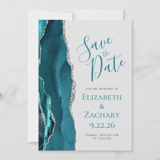 Aquamarin Blue Silver Agate Graue Save the Date Ka (Vorderseite)