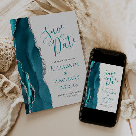 Aquamarin Blue Silver Agate Graue Save the Date Ka