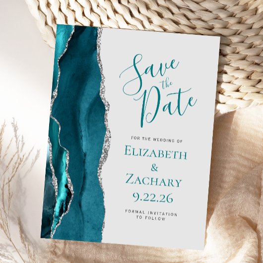 Aquamarin Blue Silver Agate Gray Save the Date Ankündigungspostkarte