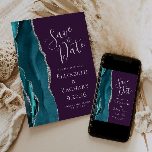 Aquamarin Blue Silver Agate Lila Save the Date Car