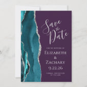 Aquamarin Blue Silver Agate Lila Save the Date Car (Vorderseite)