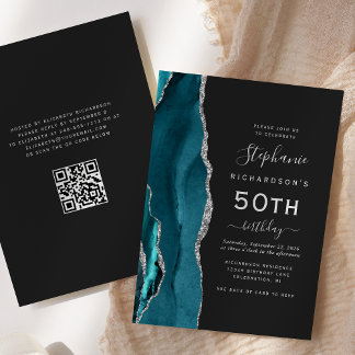 Aquamarin Blue Silver Agate QR Code 50. Geburtstag Einladung