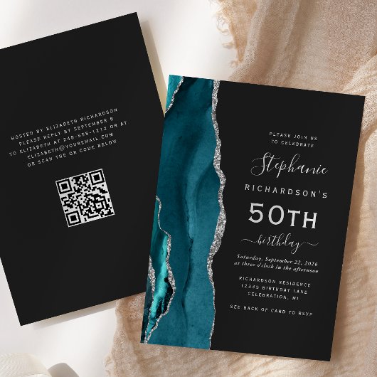 Aquamarin Blue Silver Agate QR Code 50. Geburtstag Einladung