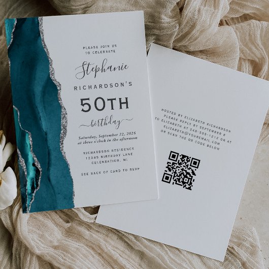 Aquamarin Blue Silver Agate QR Code 50. Geburtstag Einladung