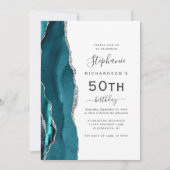 Aquamarin Blue Silver Agate QR Code 50. Geburtstag Einladung (Vorderseite)
