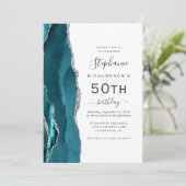Aquamarin Blue Silver Agate QR Code 50. Geburtstag Einladung (Stehend Vorderseite)