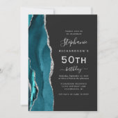 Aquamarin Blue Silver Agate QR Code 50. Geburtstag Einladung (Vorderseite)