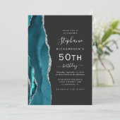 Aquamarin Blue Silver Agate QR Code 50. Geburtstag Einladung (Stehend Vorderseite)