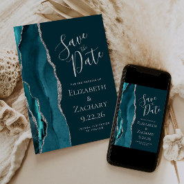 Aquamarin Blue Silver Agate Save the Date Card