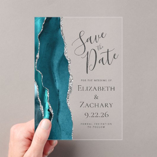 Aquamarin Blue Silver Agate Save the Date Card Acryleinladungen (Insitu (Handheld))