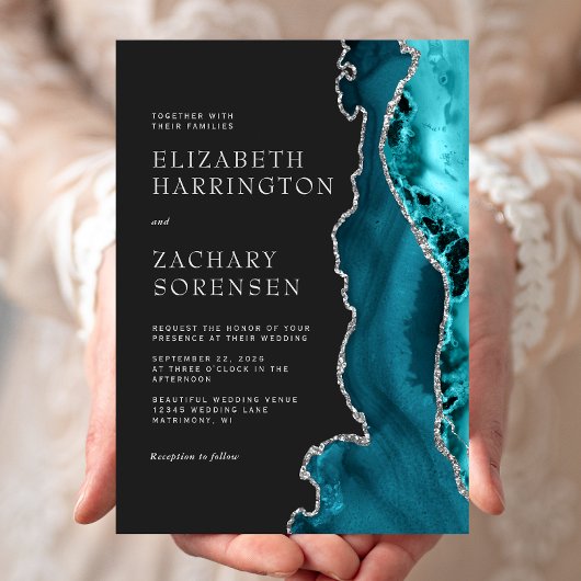 Aquamarin Blue Silver Agate Wedding Einladung