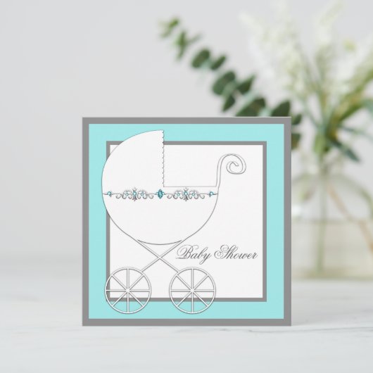 Aquamarin Blue Silver Carriage Baby Shower Einladu Einladung (Stehend Vorderseite)