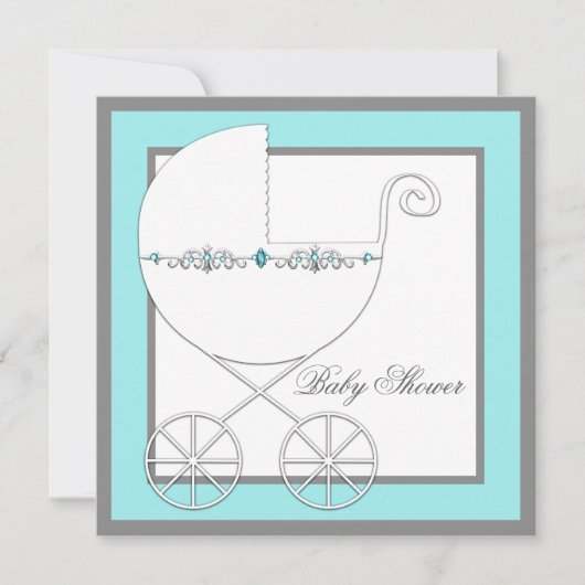 Aquamarin Blue Silver Carriage Baby Shower Einladu Einladung (Vorderseite)