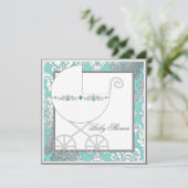 Aquamarin Blue Silver Carriage Baby Shower Einladu Einladung (Stehend Vorderseite)