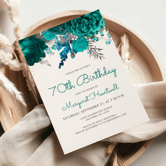 Aquamarin Blue Silver Floral 70. Geburtstagsparty Einladung