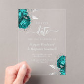 Aquamarin Blue Silver Floral Wedding Save the Date Acryleinladungen (Insitu (Handheld))