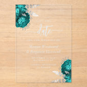 Aquamarin Blue Silver Floral Wedding Save the Date Acryleinladungen (Vorderseite)