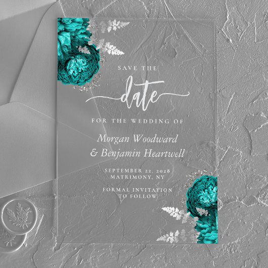 Aquamarin Blue Silver Floral Wedding Save the Date Acryleinladungen