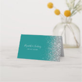 Aquamarin Blue Silver Glitzer Edge Wedding Platzkarte (Rückseite)