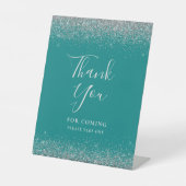 Aquamarin Blue Silver Glitzer Hochzeit Vielen Dank Sockelschild (Vorderseite)