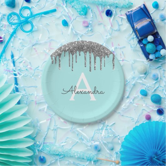 Aquamarin Blue Silver Glitzer Monogram Birthday Pappteller (Party)