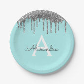 Aquamarin Blue Silver Glitzer Monogram Birthday Pappteller (Vorderseite)