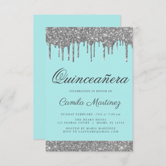 Aquamarin Blue Silver Glitzer Quinceñera Celebrati Einladung (Vorne/Hinten)