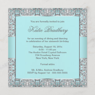 Aquamarin Blue Silver Lace Classy 16 . Geburtstag  Einladung