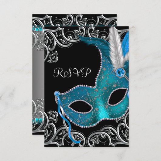 Aquamarin Blue Silver Mask Masquerade Party UAWG RSVP Karte (Vorne/Hinten)