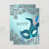 Aquamarin Blue Silver Mask Masquerade Party UAWG RSVP Karte (Vorne/Hinten)