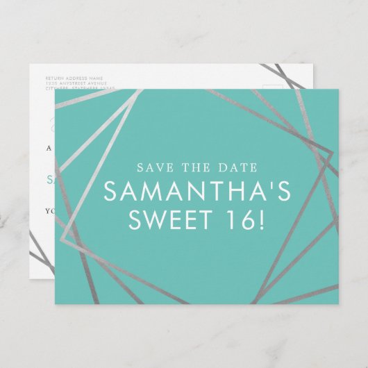 Aquamarin Blue Silver Modern Sweet 16 Save the Dat Ankündigungspostkarte (Vorne/Hinten)
