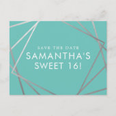 Aquamarin Blue Silver Modern Sweet 16 Save the Dat Ankündigungspostkarte (Vorderseite)