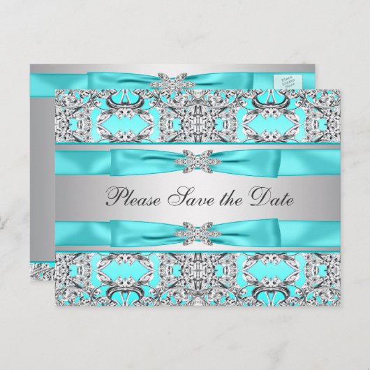 Aquamarin Blue Silver Save the Date Ankündigungspostkarte (Vorne/Hinten)