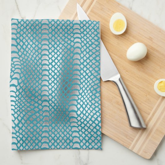 Aquamarin Blue Silver Schlange Print Geschirrtuch (Viertel Falte)