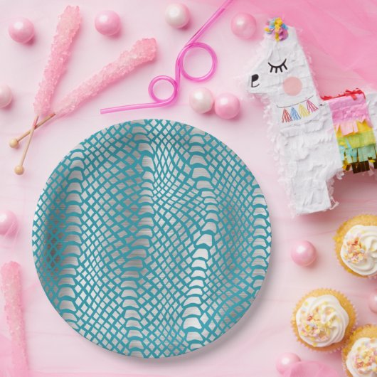 Aquamarin Blue Silver Schlange Print Pappteller (Party)