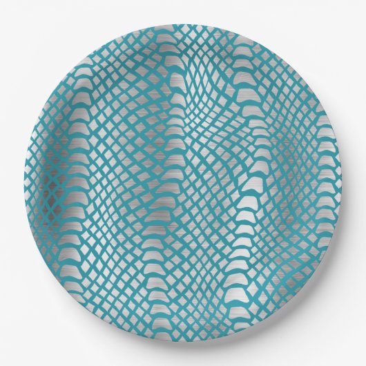 Aquamarin Blue Silver Schlange Print Pappteller (Vorderseite)