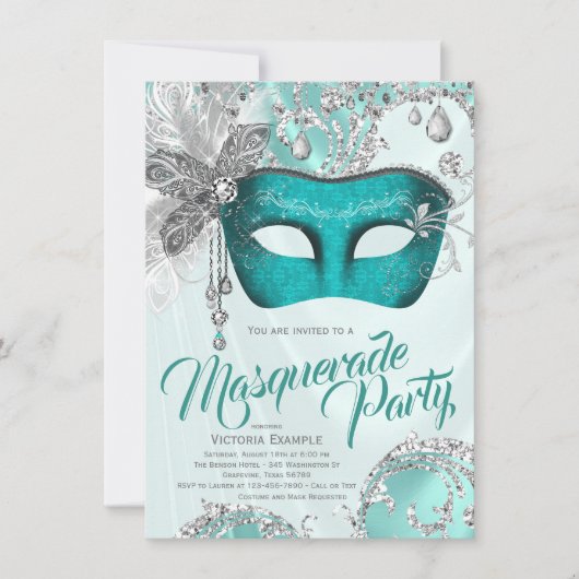 Aquamarin Blue Silver Sweet 16 Masquerade Party Einladung (Vorderseite)