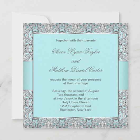 Aquamarin Blue Silver Wedding Einladung (Vorderseite)