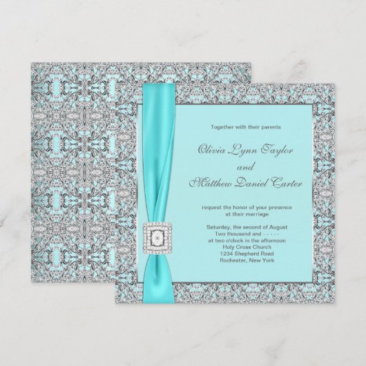 Aquamarin Blue Silver Wedding Einladung (Vorne/Hinten)