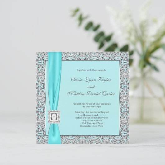 Aquamarin Blue Silver Wedding Einladung (Stehend Vorderseite)