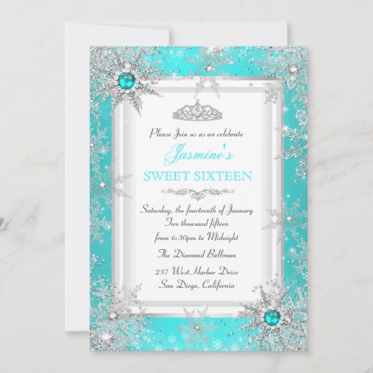 Aquamarin Blue Silver Winter Wonderland Sweet 16 P Einladung (Vorderseite)
