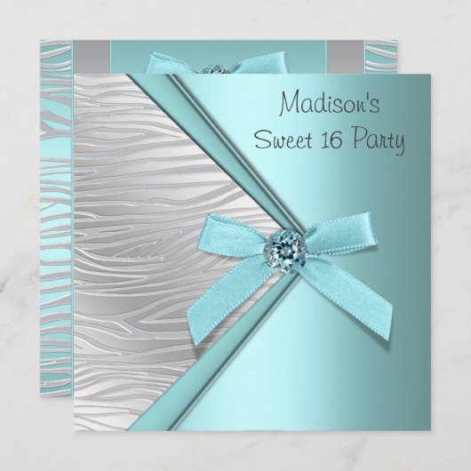 Aquamarin Blue Silver Zebra Sweet 16 Party Einladung (Vorne/Hinten)