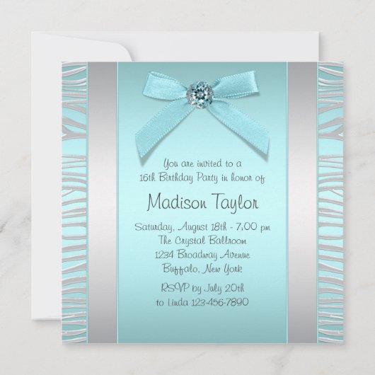 Aquamarin Blue Silver Zebra Sweet 16 Party Einladung (Rückseite)