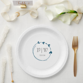 Aquamarin Blue Simple Heart Wreath Monogram Weddin Pappteller