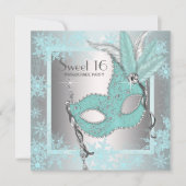 Aquamarin Blue Snowflake Sweet 16 Masquerade Party Einladung (Vorderseite)