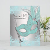 Aquamarin Blue Snowflake Sweet 16 Masquerade Party Einladung (Stehend Vorderseite)