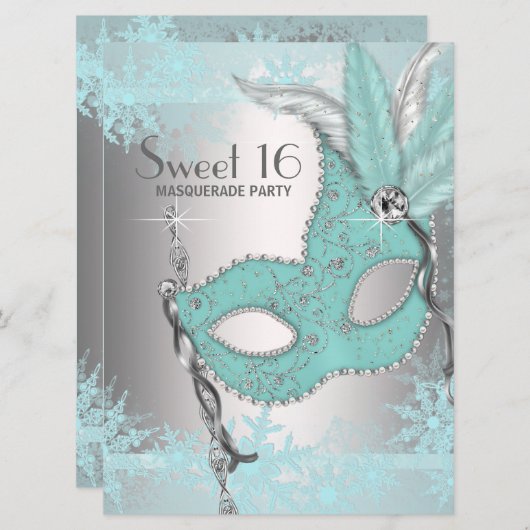 Aquamarin Blue Snowflake Sweet 16 Masquerade Party Einladung (Vorne/Hinten)