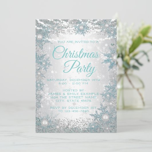 Aquamarin Blue Snowflake Weihnachten Party Einladu Einladung (Stehend Vorderseite)