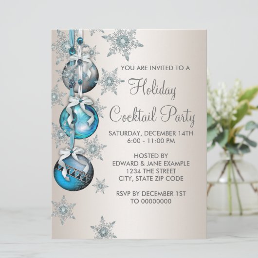 Aquamarin Blue Snowflakes Ornamente Party Einladung (Stehend Vorderseite)